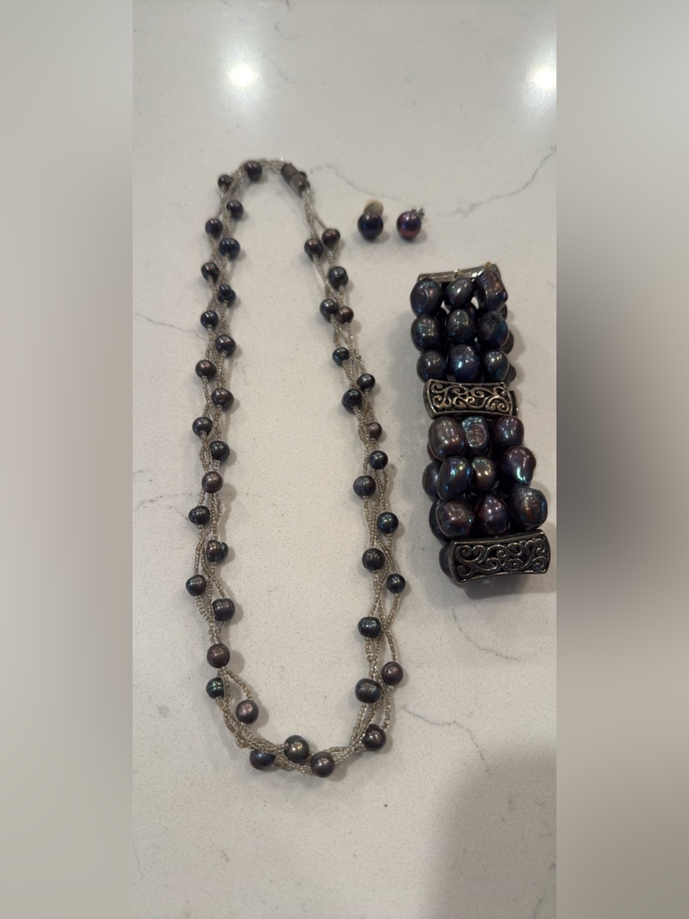 Classic Black Pearl Necklace, Bracelet & Earring Set
